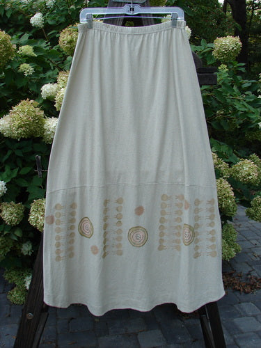 2000 Cotton Hemp Shade Skirt Bio Atom Dove Size 2 features a full elastic waistband, sectional horizontal panels, and adjustable ties creating a varying hemline.
