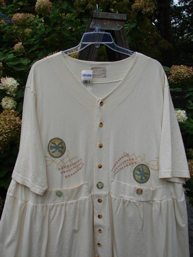 1999 NWT Vintage Button Dress Stone Skip Natural Size 2 features a ruffle hem, 11 front buttons, 3 waistline buttons, high pockets, gathered pleats, and back draw cords for a custom fit.