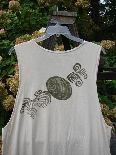1993 Long Column Vest Feather Fern Tea Dye OSFA featuring deep arm openings, a widening lower sweep, deep oval neckline, vertical feather and fern paint design, and wooden-like front vintage buttons.