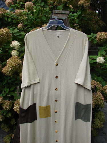 2000 Cotton Hemp 3 Block Cardigan Unpainted Dove Size 2, featuring a long, straight shape with a V neckline, tri-colored accents, and three front pockets displayed on a hanger.