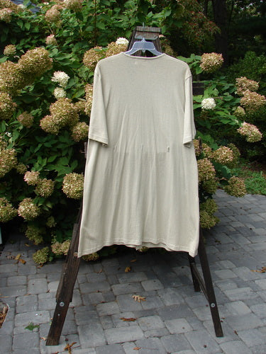 2000 Cotton Hemp 3 Block Cardigan Unpainted Dove Size 2 displayed on a wooden stand, highlighting its straight, elongating shape, V neckline, and tri-colored off-set painted front pockets.