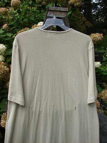 2000 Cotton Hemp 3 Block Cardigan Unpainted Dove Size 2 displayed on a wooden stand, showcasing a V neckline, tri-colored accents, and three colorful front pockets with original buttons.