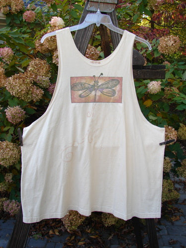 1999 Tank Top Dragonfly Beetle Dust Size 2: A white tank top featuring a colorful beetle and dragonfly design, scooped neckline, and Blue Fish patch, from the 1999 Summer Collection.