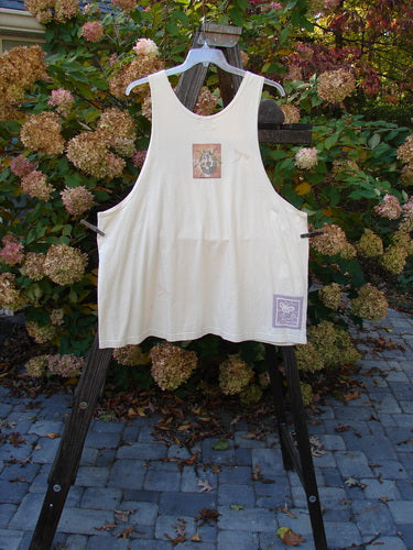 1999 Tank Top Dragonfly Beetle Dust Size 2 displayed on a hanger, featuring a generous, boxy shape with a scooped neckline and colorful beetle theme paint, perfect for hot summer days.