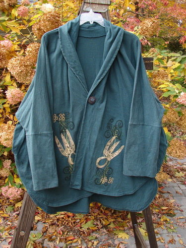 1996 Reprocessed Phoenician Jacket Holiday Fern Viridian OSFA: Heavy weight cotton jersey jacket with oversized button, drop shoulders, dolman sleeves, deep V neckline, side pockets, and rounded hemline.