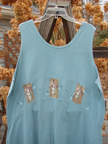 1995 Zelda Jumper Dress Triple Pagoda Venus Size 2, featuring a downward yoke waist seam, rounded scooped neckline, sweeping A-line shape, and continuous pagoda-themed paint on eco cotton.