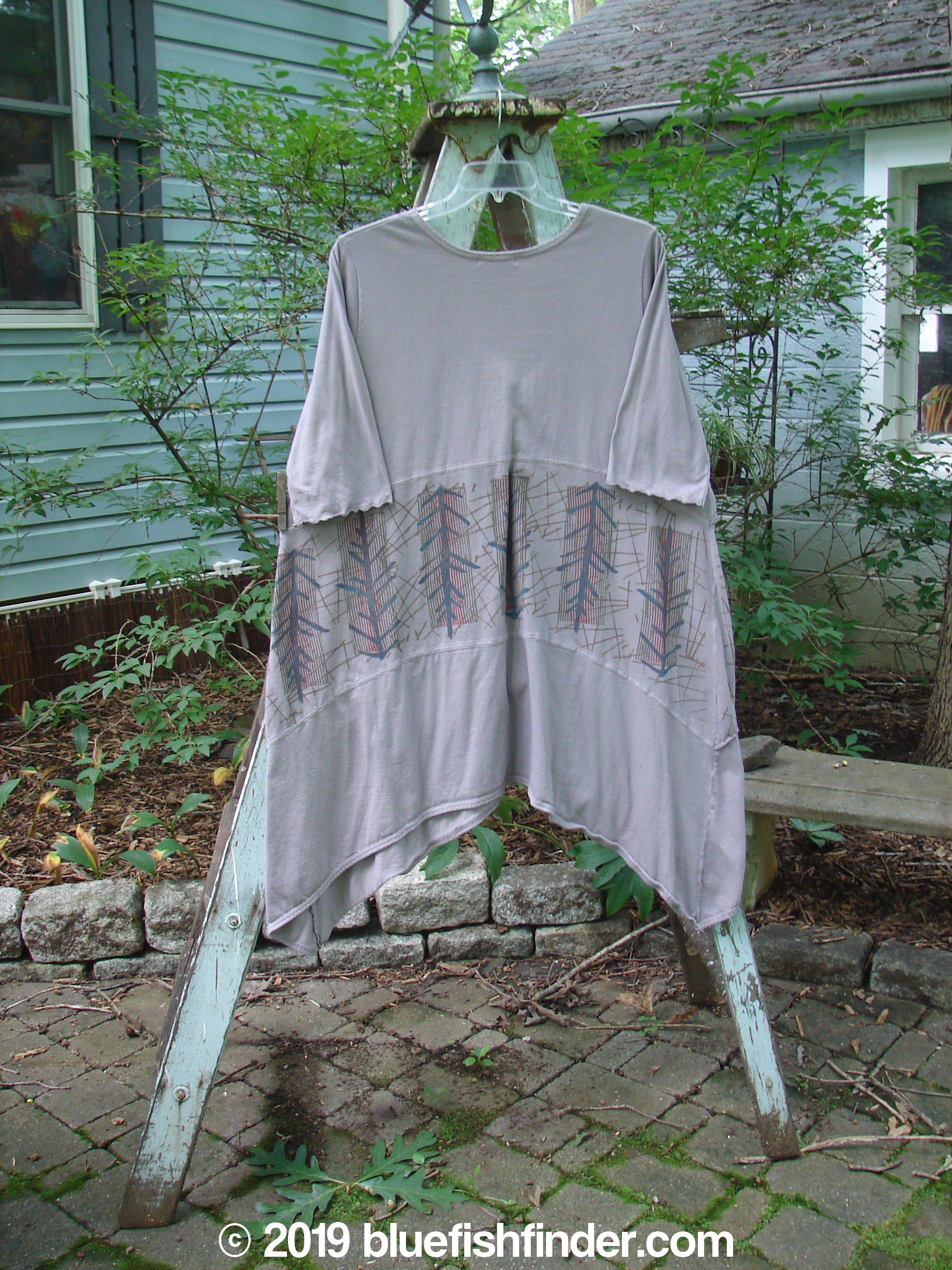 A Barclay Cotton Lycra Vertical Gather Drop Pocket Dress in Pine Forest Grey Stone, size 2, hanging on a clothes rack.
