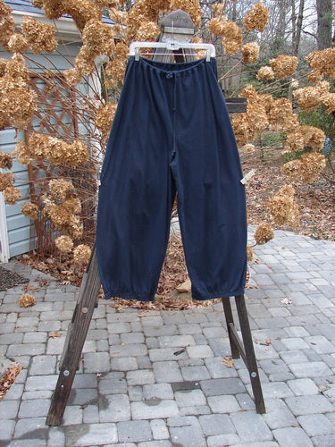 1994 Drawcord Pant Unpainted Midnight Size 1: A pair of pants on a rack, featuring a full drawstring waistline, tapered lowers, and a generous hip measurement. Made from cotton jersey, these pants are from Blue Fish Clothing's Fall Collection of 1994.
