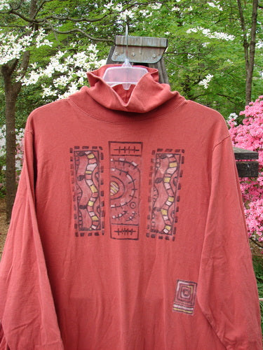 1995 Omega Dress Triple Path Red Glaze Size 1 with heavy ribbed turtleneck, drop shoulders, deep side pockets, A-line flare, and drawcord backline. Organic cotton, perfect condition, vibrant design underlines vintage charm.