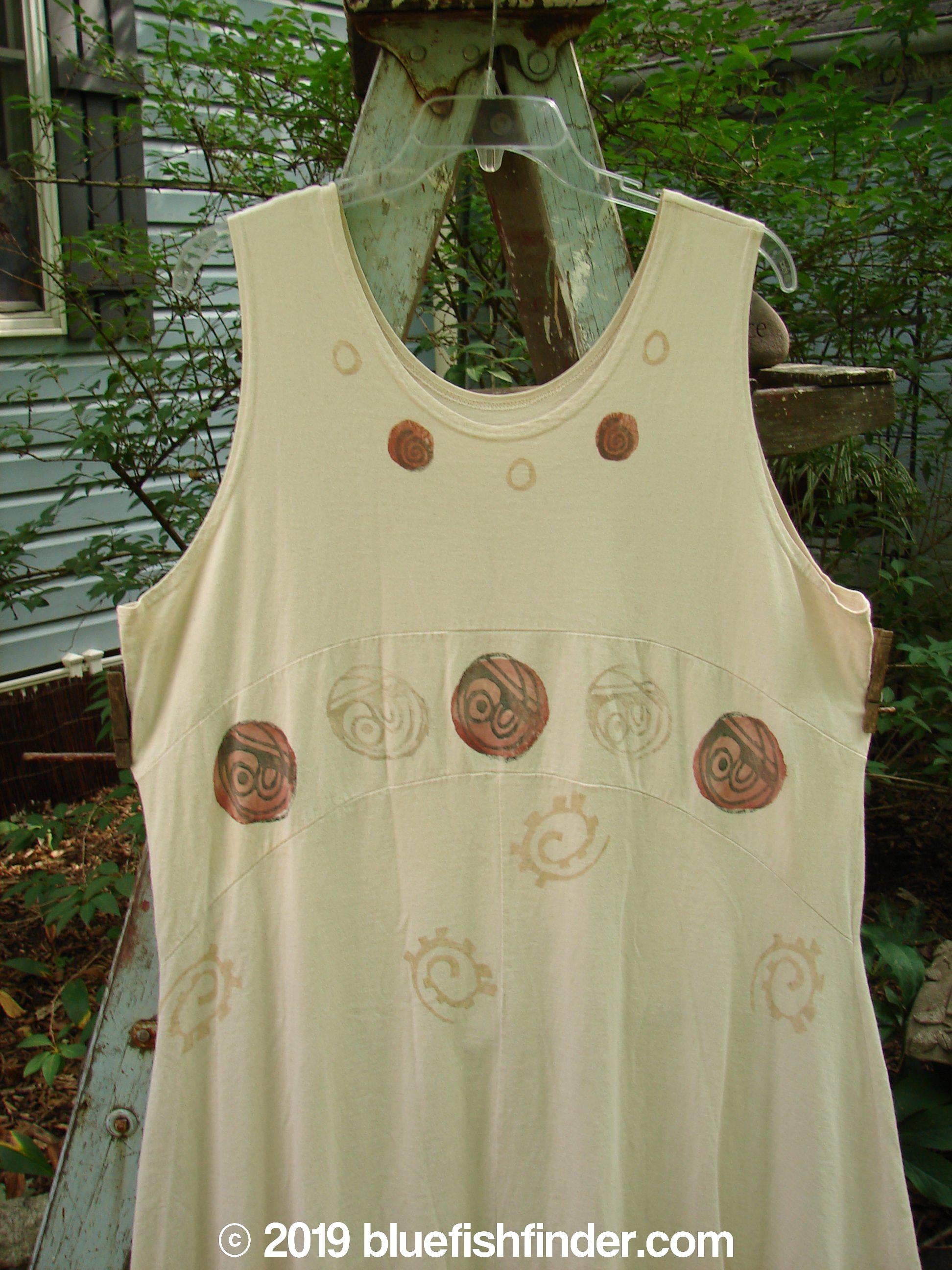 1995 Zelda Jumper Dress Abstract Champagne Size 2: A white dress with circles on it, featuring a rounded neckline and an A-line shape.