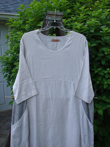 Barclay Linen Stripe Tulip Dress Unpainted Pebble Black Size 1 displayed on a mannequin, featuring a medium scoop neckline, three-quarter sleeves, oversized pockets, and a flared tulip bottom with pinstripe accents.