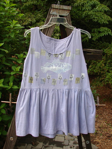 1990 Tiny Tier Top Fish Clover Tiny OSFA features a vintage fish theme, deep rounded neckline, and super bottom flounce, showcasing Bluefishfinder's unique, creative vintage style.