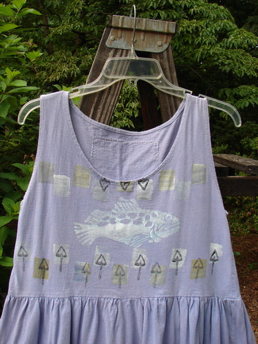 1990 Tiny Tier Top Fish Clover Tiny OSFA featuring a vintage fish design, deep rounded neckline, arm openings, bottom flounce, and Blue Fish patch on the back.