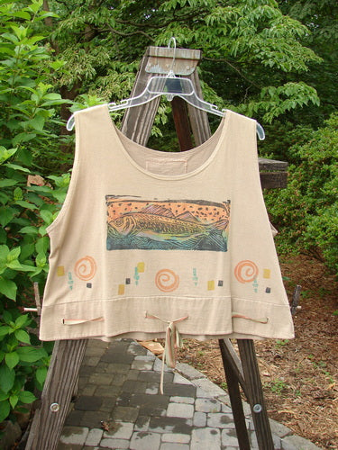 1992 Camisette Top Fish Wheat OSFA displayed on a hanger, featuring a scooped neckline, swingy hemline with button holes, and a hand-dyed blue fish ribbon accent.