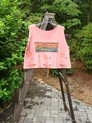 1992 Camisette Top Fish Pink Clover OSFA displayed on a wooden easel, featuring scooped neckline, swingy hemline with button holes, hand-dyed silk ribbon, vintage fish theme paint, and Blue Fish patch.