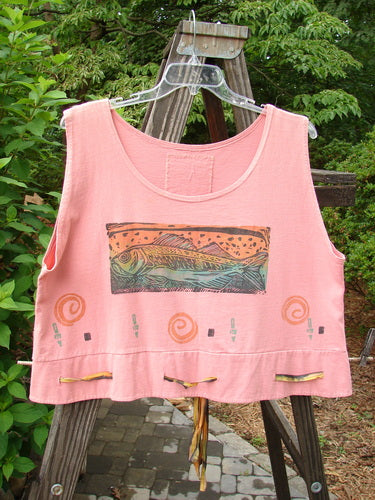 1992 Camisette Top with fish drawing on pink clover fabric. Swingy hemline with button holes. Blue Fish patch on back. OSFA.
