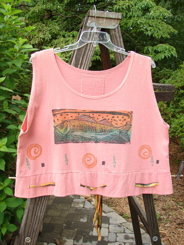 1992 Camisette Top Fish Pink Clover OSFA features a pink tank top with a vintage fish drawing, scooped neckline, swingy hemline, and Blue Fish patch on the back.