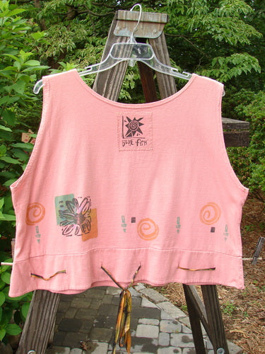 1992 Camisette Top Fish Pink Clover OSFA displayed on a hanger, showcasing a scooped neckline, swingy hemline with button holes, and vintage fish paint.
