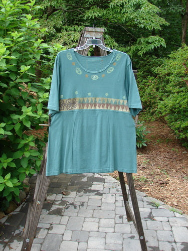1993 3 Square Dress Multi Diamond Grey Green OSFA displayed on a hanger, featuring a rounded neckline, vertically curved lines, six sectional panels, and a signature Blue Fish patch on the back.