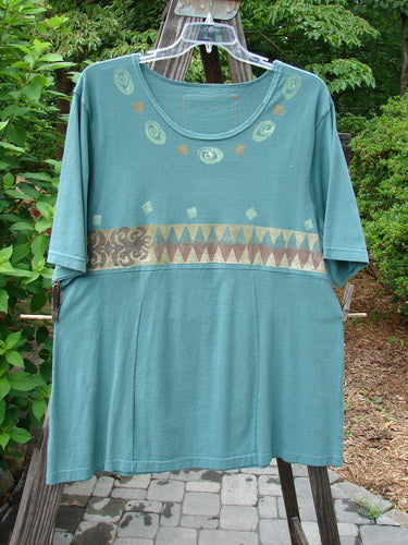 1993 3 Square Dress Multi Diamond Grey Green OSFA displayed on a mannequin, featuring a unique blue and white triangle pattern, rounded neckline, and six sectional panels.