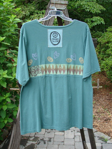 1993 3 Square Dress Multi Diamond Grey Green OSFA displayed on a hanger, featuring a rounded neckline, sectional panels, and a prominent rear Blue Fish patch.