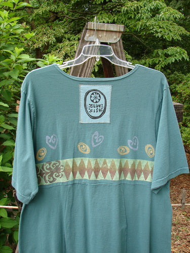 1993 3 Square Dress Multi Diamond Grey Green OSFA; features a rounded neckline, curved lines, and sectional panels. Unique diamond-themed design with a rear Blue Fish patch.