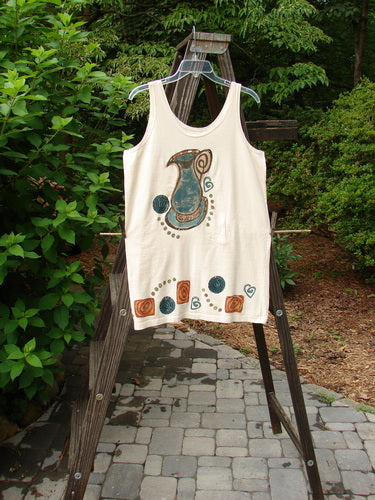 1993 Little Tank Dress Vase Tea Dye OSFA: A white tank dress with a blue pitcher and heart motifs, featuring a straight tank line cut and thicker bordered bottom hem, displayed on a swinger.