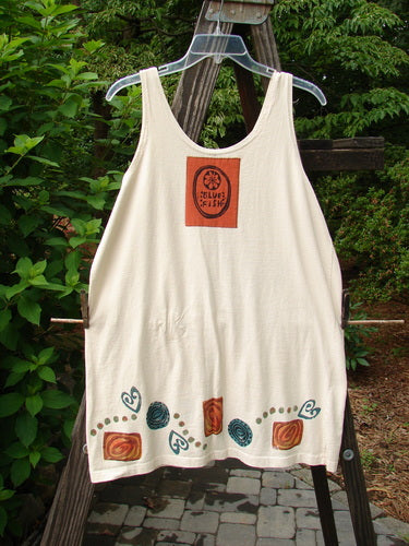 1993 Little Tank Dress Vase Tea Dye OSFA: Mid-weight cotton dress with straight tank cut, thicker hem, vase and heart theme paint, and Blue Fish patch at rear center.