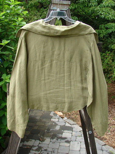 Barclay Linen Crop Collar Pocket Jacket in Unpainted Peapod Size 2 displayed on a wooden hanger, showcasing its wide collar, deep V-neckline, long sleeves, front drop pocket, and button front.