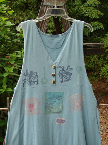 1994 Tuesday's Dress Multi Theme Ice Small Size 1 featuring plant drawings, buttons, and a curved empire waistline, from the Summer Collection with Blue Fish stamp on the back.