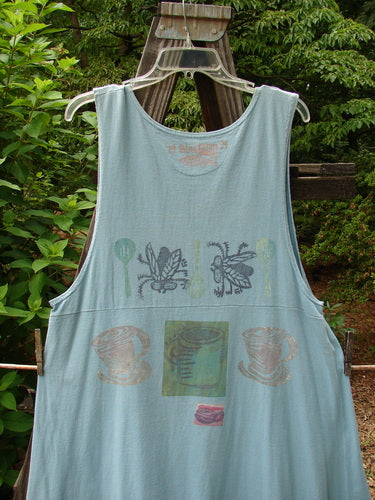1994 Tuesday's Dress Multi Theme Ice Small Size 1: Blue tank top with plant and cup prints, featuring an empire waistline, A-line shape, and three buttons, in perfect vintage condition.