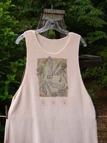 White tank top featuring a bee design from the 1994 Vent Vest Sweater Jumper Dragonfly Tea Dye Smaller OSFA collection, displayed on a hanger.