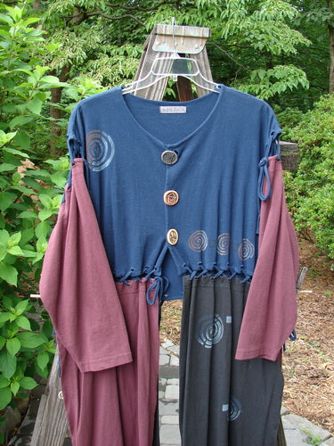 1997 Strapwork Jacket Vest Celtic Spin Window Pane OSFA: A blue and pink shirt with buttons, featuring a double-lined bodice and removable sleeves.