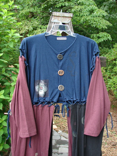 1997 Strapwork Jacket Vest Swirl City Multi OSFA: A vintage blue shirt with buttons and removable red sleeves on a swinger.