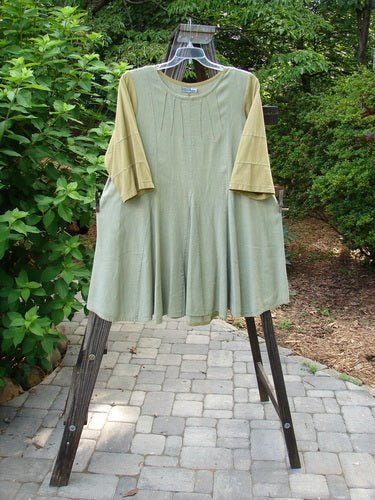 Barclay Playdate Sunrise Spin Dress Unpainted Spice Size 1 displayed on a rack, showcasing its intricate sectional skirt panels and rolled neckline with raised sunrise pleats.