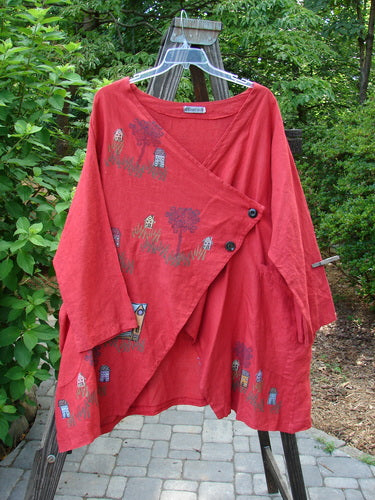 Barclay Cross Dye Linen Tidal Jacket Village Geisha's Robe Size 2 with tree design, deeper neckline, two-button cross over closure, varying hemline, and double wrap side pockets.