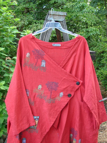 Barclay Cross Dye Linen Tidal Jacket Village Geisha's Robe Size 2 with a deeper neckline, two-button side closure, varying front hemline, double wrap side pockets, and Little Village Theme paint.