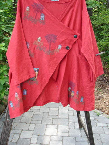 Barclay Cross Dye Linen Tidal Jacket Village Geisha's Robe Size 2 on a rack, featuring a two-button side closure, double wrap pockets, and village-themed design.