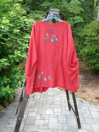 Barclay Cross Dye Linen Tidal Jacket Village Geisha's Robe Size 2 displayed on a wooden stand, showcasing its deeper neckline, two-button crossover closure, and varying front hemline.