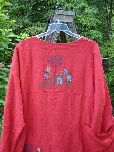 Barclay Cross Dye Linen Tidal Jacket Village Geisha's Robe Size 2 features a deep neckline, asymmetric hem, double wrap pockets, and a village-themed painted design.