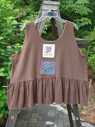 1992 Patched Peplum Top with Happy Face logo on brown tank top