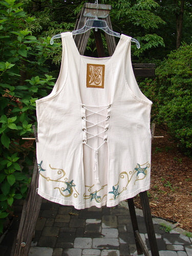 White 1993 Cha Cha Jumper Starfish Teadye OSFA featuring a lace-up back, squared neckline, empire waist, gathered bust, and unique block prints, showcased on a hanger.