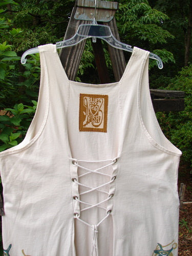 1993 Cha Cha Jumper Starfish Teadye OSFA featuring a white tank top design with a squared neckline, lace-up back, empire waist seam, gathered bust area, and signature Blue Fish patch.