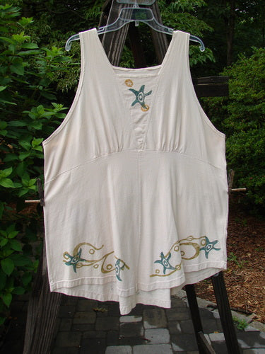 1993 Cha Cha Jumper Starfish Teadye OSFA hanging on a clothesline, featuring a squared neckline, A-line flare, varying hemline, rear grommets with cord pull, and starfish and swirl block prints.