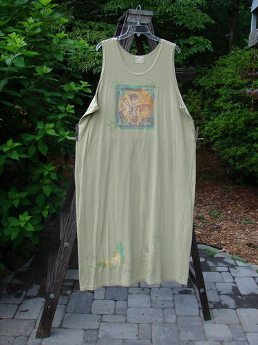 1999 River Journey Dress Butterfly Kelp Size 2 on a rack, featuring a scoop neckline, slim shape, deeper arm openings, and vibrant butterfly theme paint with the signature Blue Fish patch.