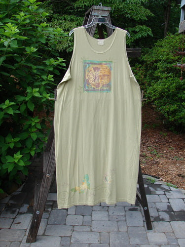 1999 River Journey Dress Butterfly Kelp Size 2, displayed on a rack, featuring a scoop neckline, slim shape, deep arm openings, and vibrant butterfly-themed paint with a signature Blue Fish patch.