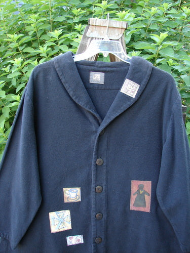 1999 Patched Flannel PJ Top Paper Doll Black Size 1, featuring thick flannel, drop shoulders, vented sides, A-line shape, fold-over collar, and unique front and back patches.