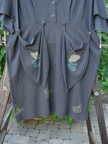 1994 Muse Dress Celestial Planet Blue Coal Size 1 featuring deep V neckline, teardrop pockets with buttons, empire waist, 3/4 sleeves, and signature celestial theme paint.