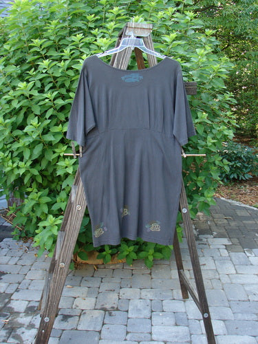 1994 Muse Dress Celestial Planet Blue Coal Size 1 displayed on a clothes rack, featuring a deep V neckline, teardrop pockets with buttons, and signature Blue Fish celestial theme paint.