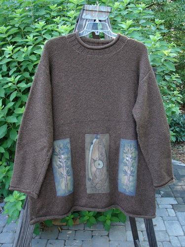 1998 Alpaca Patched Simple Tunic Sweater, Mixed Forest Tweed OSFA, featuring a rolled mock collar, triple nature patches, and a Blue Fish signature patch, displayed on a mannequin.